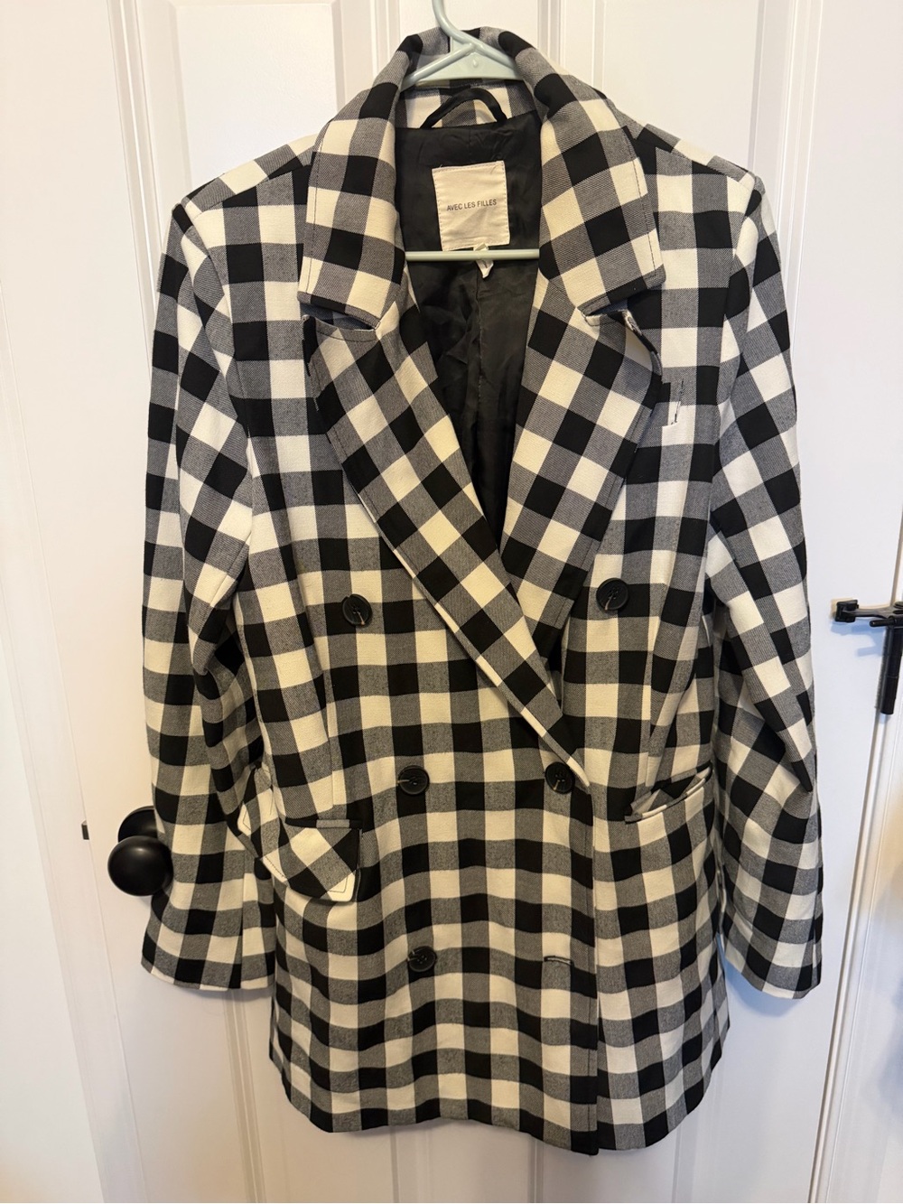Avec Les Filles Black and White Check Double-Breasted Blazer